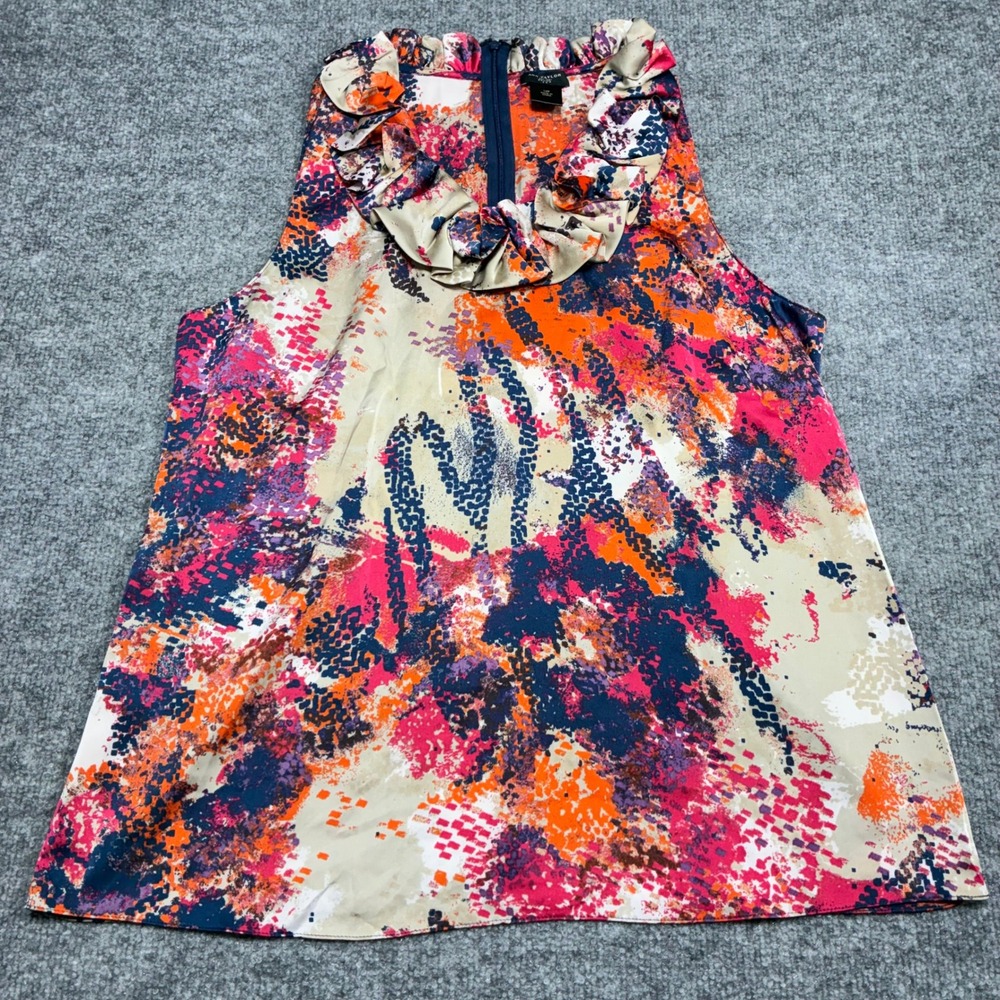 Ann Taylor Blouse Womens 12P Multi-colored Abstract Print Ruffle Neck Sleeveless